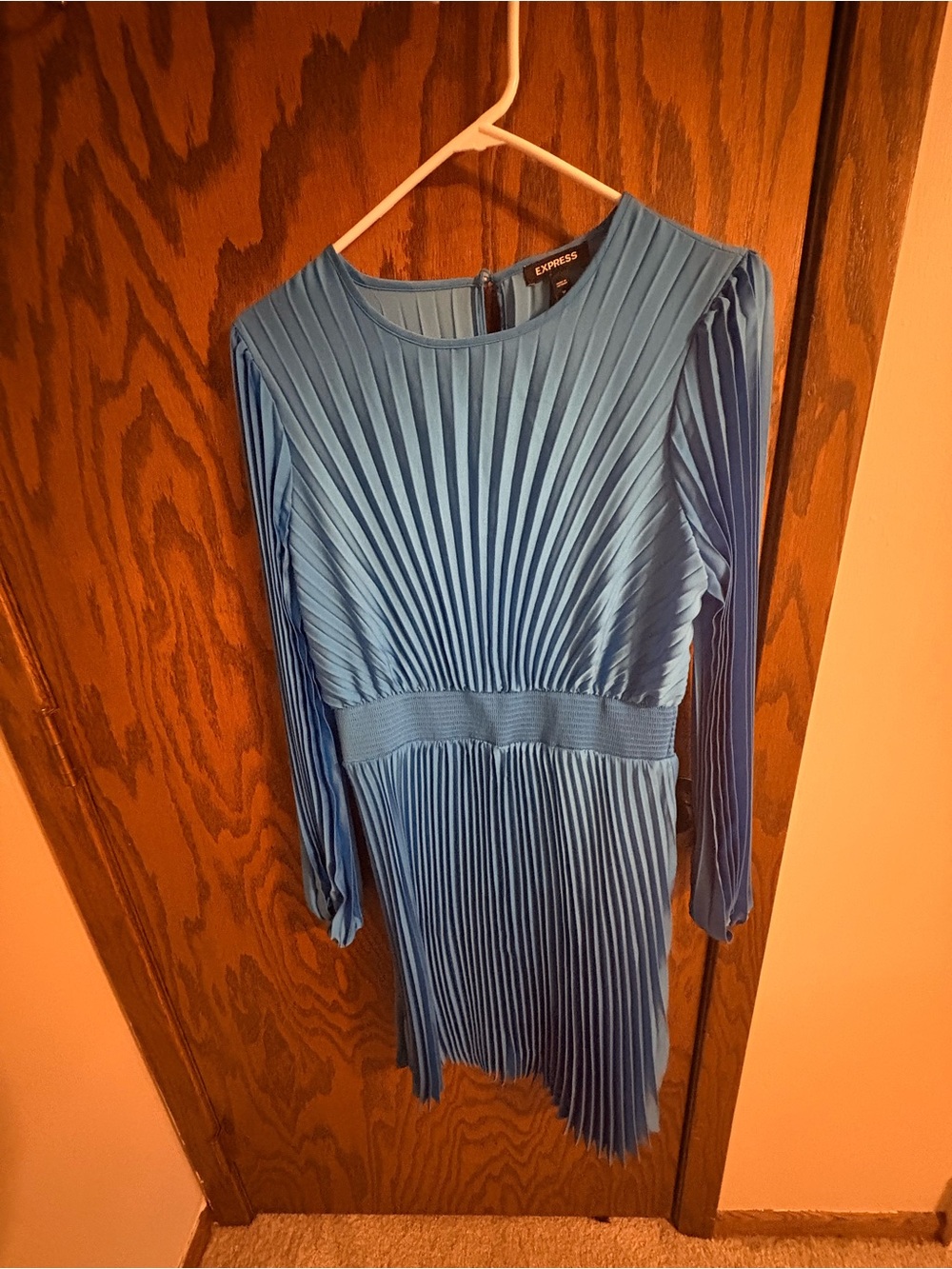 Express Pleated Long-Sleeve Teal-Blue Dress